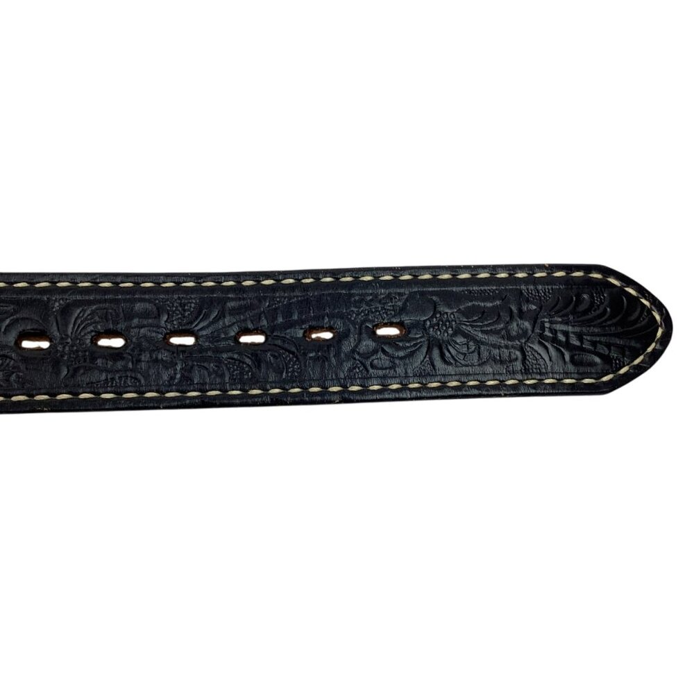 Justin Tooled Black Leather Belt Eagle Buckle Solid Brass Mens 28 Made In USA NW - Picture 4 of 9